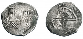 COLECCIÓN DE RESELLOS. FELIPE IV. 7 1/2 reales. Resello O coronada sobre 8 reales 1650 Potosí, marcas punto dentro de círculo. KM-C19.4. MBC-.