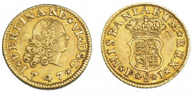 COLECCIÓN DE RESELLOS. FERNANDO VI. 1/2 escudo. 1747. Sevilla. PJ. VI-421. Resello flor de 4 pétalos. MBC/MBC+.