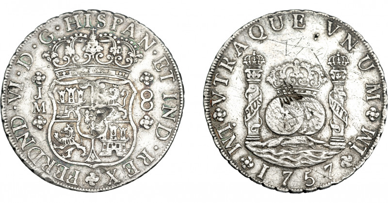 COLECCIÓN DE RESELLOS. FERNANDO VI. 8 reales 1757. Lima. JM. Resello oriental. V...