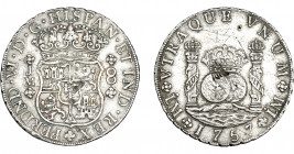 COLECCIÓN DE RESELLOS. FERNANDO VI. 8 reales 1757. Lima. JM. Resello oriental. VI-351. Grafito y finas rayas. MBC.