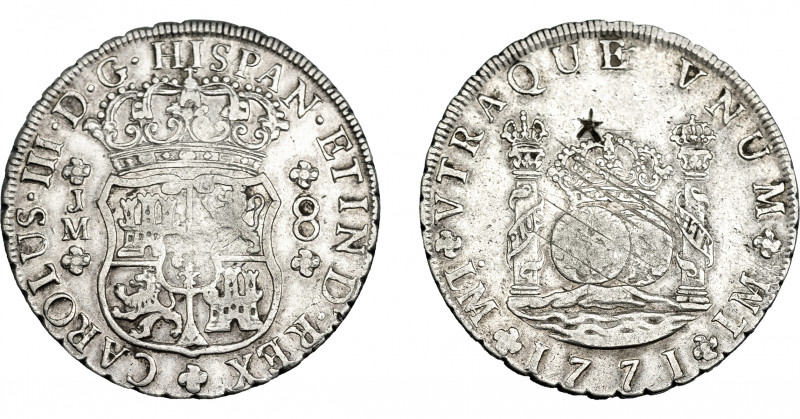 COLECCIÓN DE RESELLOS. CARLOS III. 8 reales 1771. Lima. JM. Resello oriental. VI...