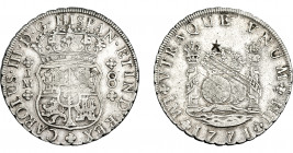 COLECCIÓN DE RESELLOS. CARLOS III. 8 reales 1771. Lima. JM. Resello oriental. VI-883. Rayas de ajuste. MBC.
