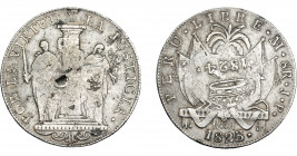COLECCIÓN DE RESELLOS. FERNANDO VII. 8 reales. Resello 1824 coronado sobre 8 reales 1823 Lima JP. Resellos chinos en rev. VI-1058. KM-130 (Perú). MBC....