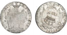 COLECCIÓN DE RESELLOS. FERNANDO VII. 8 reales. Resello 1824 coronado sobre 8 reales 1822 Lima JP. VI-1057. KM-130 (Perú). Pequeña grieta en rev. R.B.O...