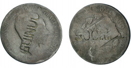 COLECCIÓN DE RESELLOS. ALFONSO XII. 10 céntimos. 187-- con resello GUINDO en anv. y SOC… en rev. La moneda RC, el resello MBC.