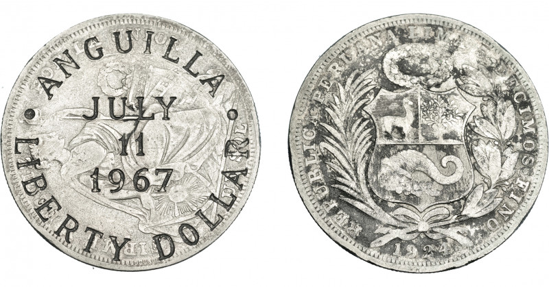 COLECCIÓN DE RESELLOS. ANGUILA. Resello LIBERTY DOLLAR 1967 sobre 1 sol de Perú ...