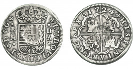 COLECCIÓN DE RESELLOS. AZORES. 300 reis resello G. P. coronadas sobre 2 reales 1724 Luis I Madrid A. KM-25.1. Gomes-no. Resello tenue. MBC-.