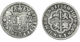 COLECCIÓN DE RESELLOS. AZORES. 300 reis resello G. P. coronadas sobre 2 reales 1736 Sevilla AP. KM-no. Gomes-29.07. Resello tenue. MBC-.