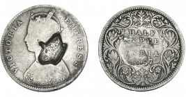 COLECCIÓN DE RESELLOS. AZORES. 300 reis resello corona sobre 1/2 rupia, India 1887. KM-no. Gomes-no. La moneda BC, el resello MBC.