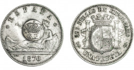 COLECCIÓN DE RESELLOS. AZORES. 300 reis resello G. P. coronadas sobre 1 peseta 1870 *18-73, Madrid DEM. KM-no. Gomes-no. La moneda MBC+, el resello EB...