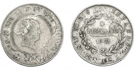 COLECCIÓN DE RESELLOS. AZORES. 600 reis resello G. P. coronadas sobre 10 reales 1821 Madrid SA. KM-no. Gomes-no. MBc-/MBC.
