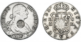COLECCIÓN DE RESELLOS. AZORES. 1200 reis resello G. P. coronadas sobre 8 reales 1805 Madrid FA. KM-no. Gomes-31.08. Hoja en anv. MBC.