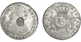 COLECCIÓN DE RESELLOS. AZORES. 1200 reis resello G. P. coronadas sobre 8 reales 1808 Lima JP. KM-no. Gomes-no. MBC+.