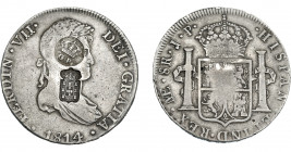 COLECCIÓN DE RESELLOS. AZORES Y PORTUGAL. 1200 reis y 870 reis resellos G. P. coronadas y escudo de Portugal sobre 8 reales 1814 Lima JP. KM-no y 440....