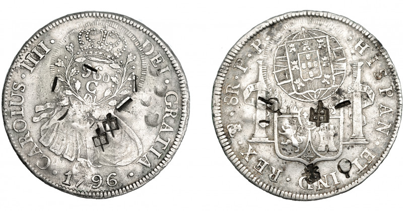 COLECCIÓN DE RESELLOS. BRASIL. CUIBA.960 reis resello bifacial sobre 8 reales 17...