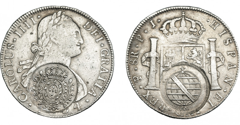 COLECCIÓN DE RESELLOS. BRASIL. 960 reis resello bifacial sobre 8 reales 1804 Pot...