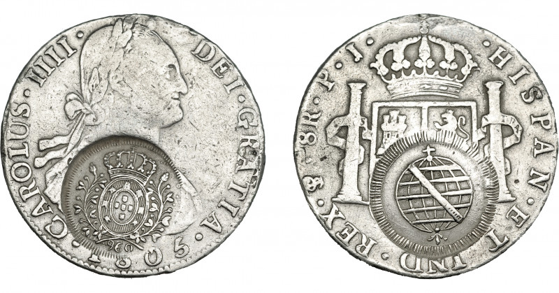 COLECCIÓN DE RESELLOS. BRASIL. 960 reis resello bifacial sobre 8 reales 1805 Pot...