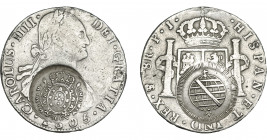 COLECCIÓN DE RESELLOS. BRASIL. 960 reis resello bifacial sobre 8 reales 1805 Potosí PJ. KM-251. Gomes-115.02. La moneda MBC-, los resellos MBC+.