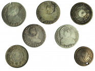 COLECCIÓN DE RESELLOS. COSTA RICA. 2 reales. Resello cabeza femenina a izq. y 2R sobre 2 reales Carlos III (2), Carlos IV y Fernando VII. 1 real resel...