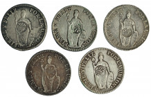 COLECCIÓN DE RESELLOS. FILIPINAS. 8 reales. Resello Y.II. coronado sobre 8 reales 1833, 1834 (2) y 1835 (2) Lima. KM-138.2. Total 5 piezas. MBC-/MBC.