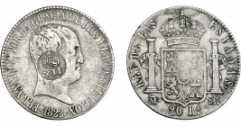 COLECCIÓN DE RESELLOS. FILIPINAS. 8 reales. Resello Y. II coronado sobre 20 reales 1822 Madrid SR. KM-no. MBC-/MBC.