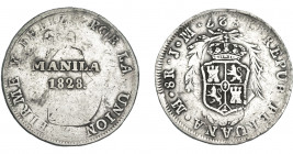 COLECCIÓN DE RESELLOS. FERNANDO VII. 8 reales. Resello Manila 1828 sobre 8 reales 1827 Lima JM. VI-1079. KM-24. MBC-.