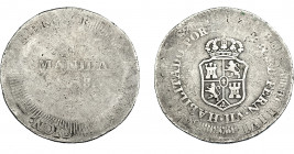 COLECCIÓN DE RESELLOS. FERNANDO VII. 8 reales. Resello Manila 1828 sobre 8 reales sin identificar. VI-1029. BC+.