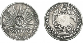COLECCIÓN DE RESELLOS. FILIPINAS. 8 reales. Resello Y. II coronado sobre 8 reales 1833 Guanajuato MJ. KM-129. MBC.
