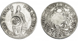 COLECCIÓN DE RESELLOS. FILIPINAS. 8 reales. Resello F 7º coronado sobre 8 reales 1833 Lima MM. KM-83. MBC.