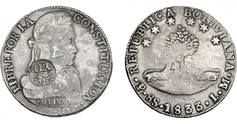 COLECCIÓN DE RESELLOS. FILIPINAS. 8 reales. Resello Y. II coronado sobre 8 sueld...