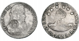 COLECCIÓN DE RESELLOS. FILIPINAS. 8 reales. Resello Y. II coronado sobre 8 sueldos 1833 Potosí LM. KM-100. MBC-.
