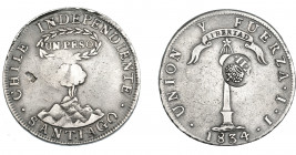 COLECCIÓN DE RESELLOS. FILIPINAS. 8 reales. Resello Y. II coronado sobre 1 peso 1834 Santiago IJ. Resello en anv. KM-108. Hojita. MBC-.