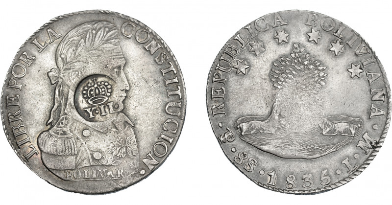 COLECCIÓN DE RESELLOS. FILIPINAS. 8 reales. Resello Y. II coronado sobre 8 sueld...