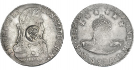 COLECCIÓN DE RESELLOS. FILIPINAS. 8 reales. Resello Y. II coronado sobre 8 sueldos 1833 Potosí LM. KM-100. MBc.