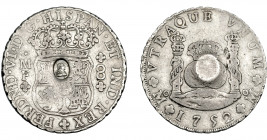 COLECCIÓN DE RESELLOS. GRAN BRETAÑA. Dólar. Resello busto de Jorge III dentro de óvalo sobre 8 reales 1752 México MF. KM-630. La moneda MBC, el resell...