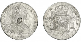 COLECCIÓN DE RESELLOS. GRAN BRETAÑA. Dólar. Resello busto de Jorge III dentro de óvalo sobre 8 reales 1791 México FM. KM-634. MBC.