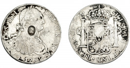 COLECCIÓN DE RESELLOS. GRAN BRETAÑA. Dólar. Resello busto de Jorge III dentro de óvalo sobre 8 reales 1792 México FM. KM-634. La moneda MBC-, el resel...