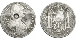 COLECCIÓN DE RESELLOS. GRAN BRETAÑA. Dólar. Resello busto de Jorge III dentro de óvalo sobre 8 reales 1793 México FM. KM-634. BC+/MBC-.