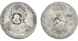 COLECCIÓN DE RESELLOS. GRAN BRETAÑA. Dólar. Resello busto de Jorge III dentro de un punzón octogonal sobre 4 reales 1794 Madrd.. KM-no. La moneda RC, ...