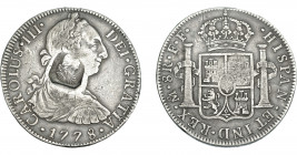 COLECCIÓN DE RESELLOS. GRAN BRETAÑA. Dólar. Resello busto de Jorge III dentro de punzón octogonal sobre 8 reales 1778 México FF. KM-655. MBC.