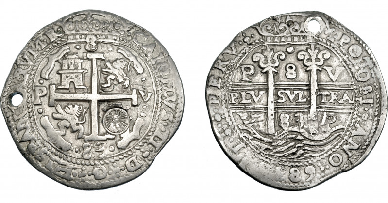 COLECCIÓN DE RESELLOS. GUATEMALA. 8 reales. Resello sol sobre montañas dentro de...