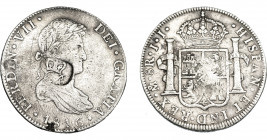 COLECCIÓN DE RESELLOS. HONDURAS BRITÁNICA. 6 chelines y 1 penique. Resello GR coronadas sobre 8 reales 1816 México, JJ. KM-2. MBC-/MBC.