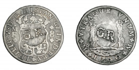 COLECCIÓN DE RESELLOS. JAMAICA. 6 chelines y 8 peniques. Resellos GR dentro de círculo en anv. y rev. sobre 8 reales 1740 México MF. KM-8.4. La moneda...