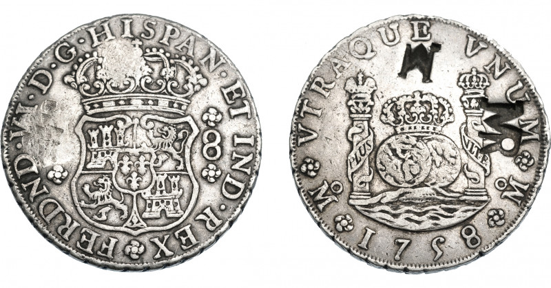 COLECCIÓN DE RESELLOS. MOZAMBIQUE.8 reales. Resellos MR enlazadas y M sobre 8 re...