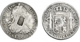 COLECCIÓN DE RESELLOS. PORTUGAL. 870 reis. Resello escudo de Portugal sobre 8 reales 1788. México FM. KM-440.11. Gomes-26.16. La moneda BC+/el resello...