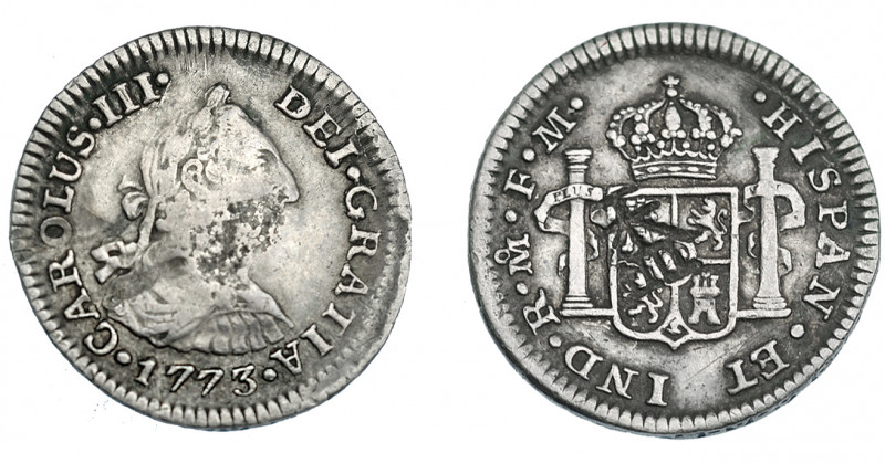 COLECCIÓN DE RESELLOS. Resello oriental sobre 1/2 real. 1773., México. FM. MBC-/...
