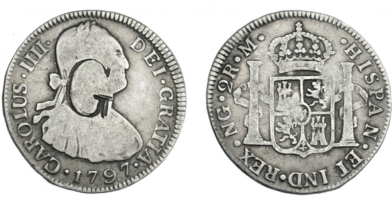 COLECCIÓN DE RESELLOS. Resello G sobre 2 reales 1797 Nueva Guatemala, M. MBC-.