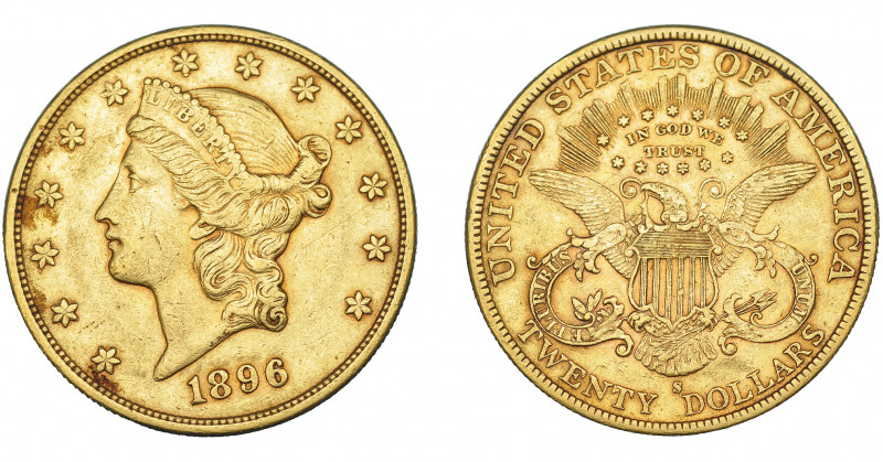 MONEDAS EXTRANJERAS. ESTADOS UNIDOS DE AMÉRICA. 20 dólares. 1896-S. KM-74.3.MBC/...