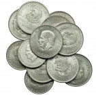 MONEDAS EXTRANJERAS. MÉXICO. Lote de 12 monedas de 5 pesos: 1947 y 1948 (KM-465), 1950 (KM-466), 1951, 1952, 1953, 1954 (KM-467), 1955 y 1956 (KM-474)...