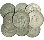 MONEDAS EXTRANJERAS. MÉXICO. Lote de 9 monedas: 5 pesos 1953 (KM-468), 10 pesos 1957 (KM-475), 10 pesos 1960 (KM-476), 25 pesos 1972 (KM-480), 25 peso...